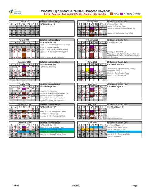 Aug 2024-June 2025 calendar with alternating A/B letters on each school day. Also, days off are mentioned and staff meetings